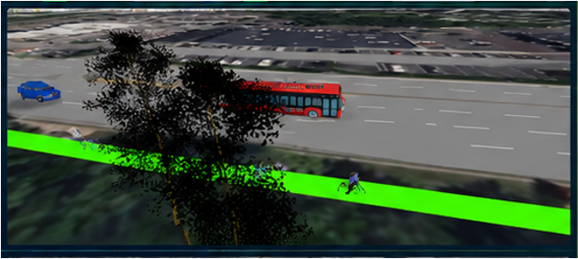 Transit simulation scene with bus, roadway, and active traveler